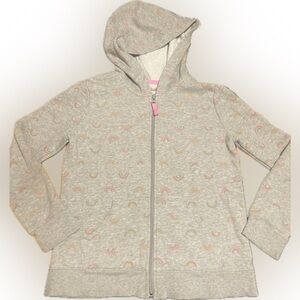 Cat&Jack zipper hoodie. Girls size 7/8. Light gray with little rainbows. Front